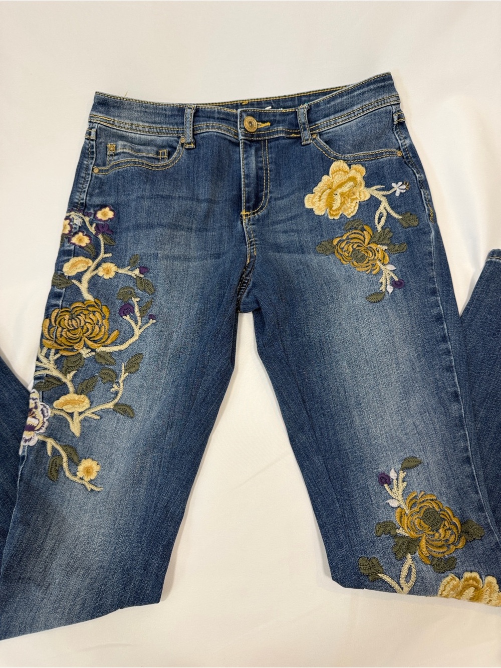 INC International Concepts Blue Jeans with Yellow Floral Embroidery